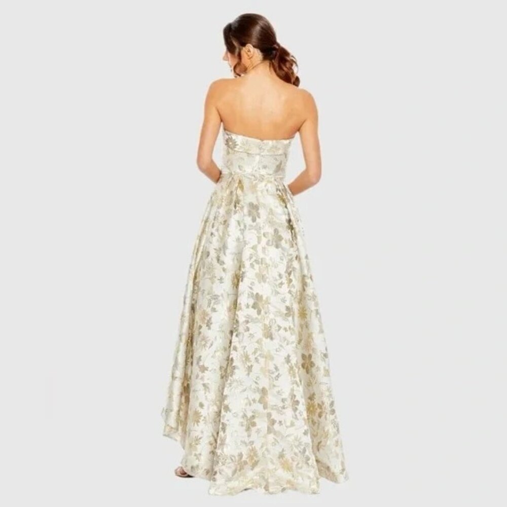 NWT MAC DUGGAL 49619 Brocade Strapless Golden Floral High Low Gown Size 4 - Picture 2 of 6